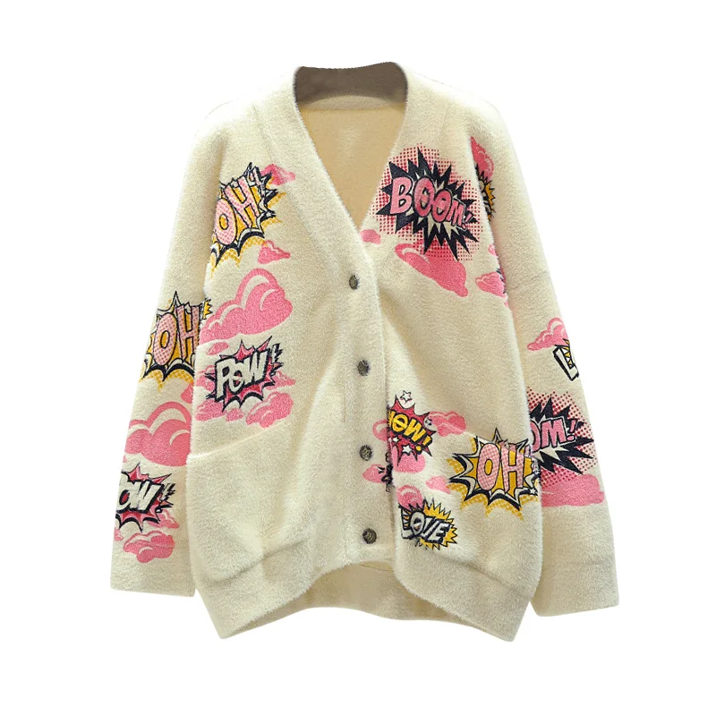 Korean Style Cardigan Sweater Female Chic Thickening Warm V-neck Letter Jacquard Knitting Jacket Student Winter Loose Cardigans Korean Style Cardigan Sweater Female Chic Thickening Warm V-neck Letter Jacquard Knitting Jacket Student Winter Loose Cardigans
