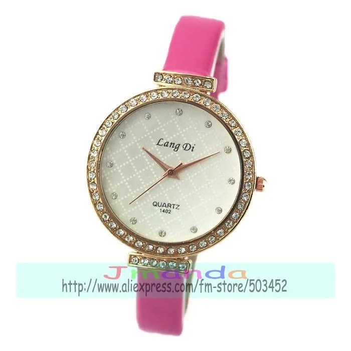 100 шт./лот lang di-1402Elegance часы с бриллиантами модные полезные женские кварцевые часы маленькие кожаные часы белого цвета