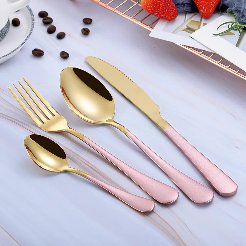 Черный золотой Стальной набор столовых приборов, набор Европейской посуды, портативные кухонные вилки из нержавеющей стали, ложки, ножи, посуда, Прямая поставка - Цвет: pink gold