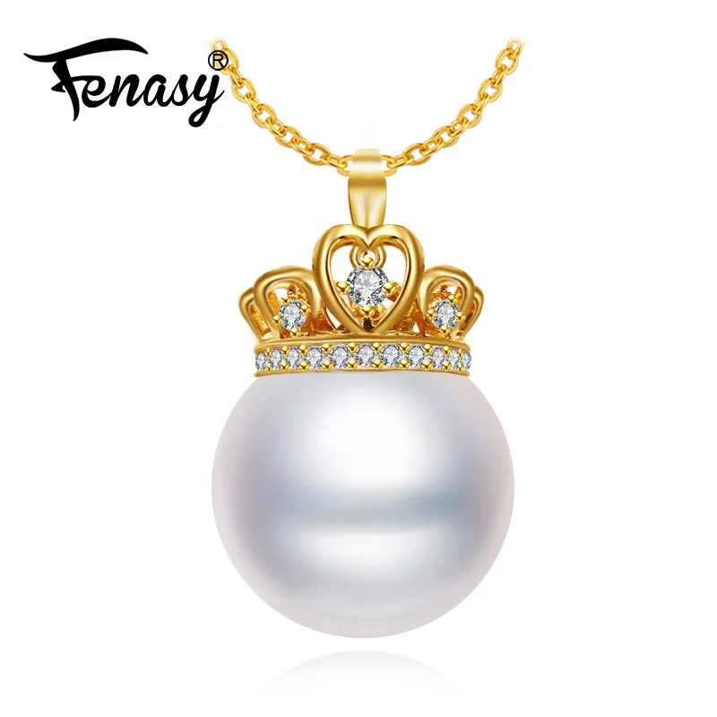 FENASY 18K Yellow Gold Crown pendant pearl necklace women,wedding pearl Jewelry,chain necklace,send with 925 Silver necklace