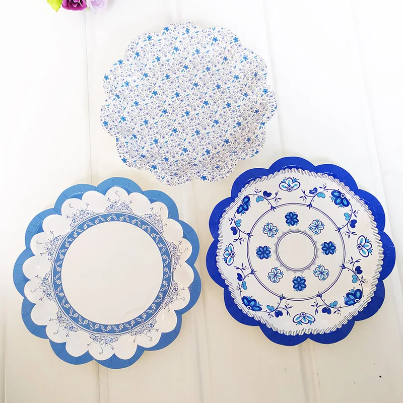 3 Style 18cm Blue Petal Round Paper Plates 350g White Cardboard Party