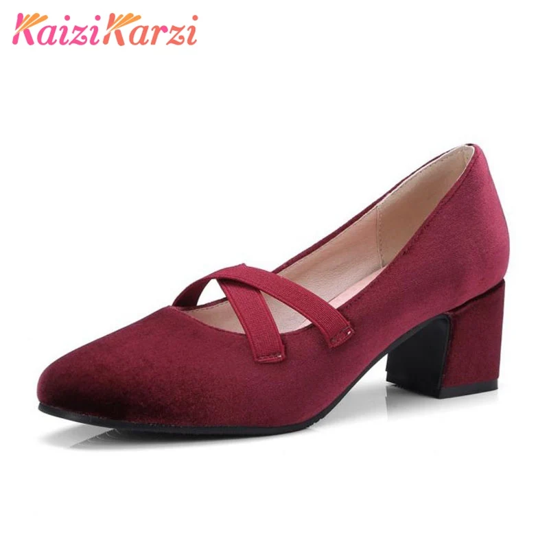 

KaiziKarzi New Women Thick High Heel Shoes Cross Elastic Band Square Toe Pumps Women Sexy Ladies Ballet Party Shoes Size 32-43
