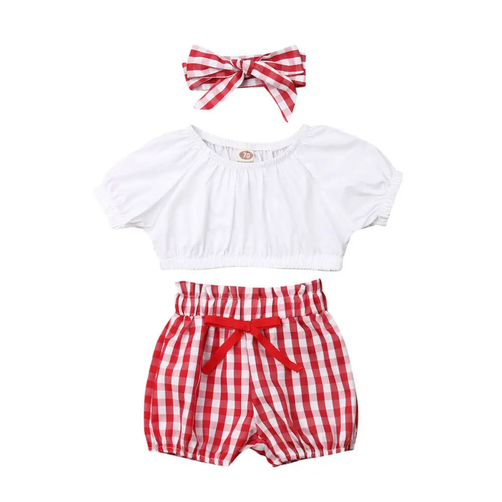 

Baby Girls 3 Pieces Clothes Set White Off Shoulder Crop Tops+ Red Plaid Shorts+ Red Plaid Bowknot Headband Outfit Sunsuit
