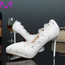 Schöne Braut Hochzeit Schuhe Spitz Dünne Ferse Brautjungfer Schuhe Weiße Perle Modellierung High Heels Party Bequeme Schuhe