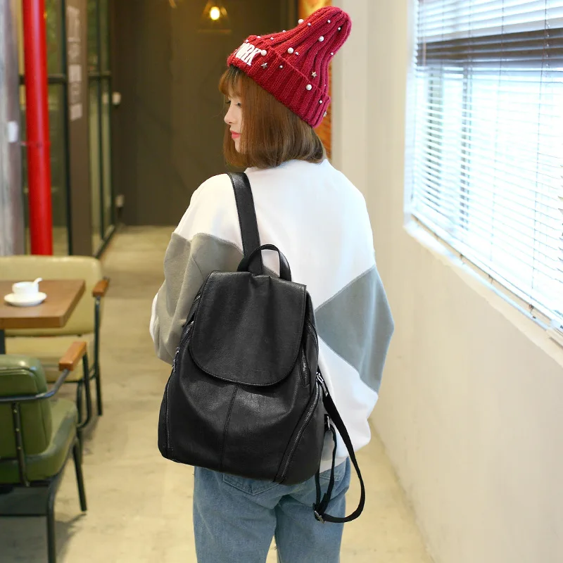  Women Backpack PU Leather School Backpacks For Teenage Girls Black Soft Casual Travel Bolsas Femini - 32919811215