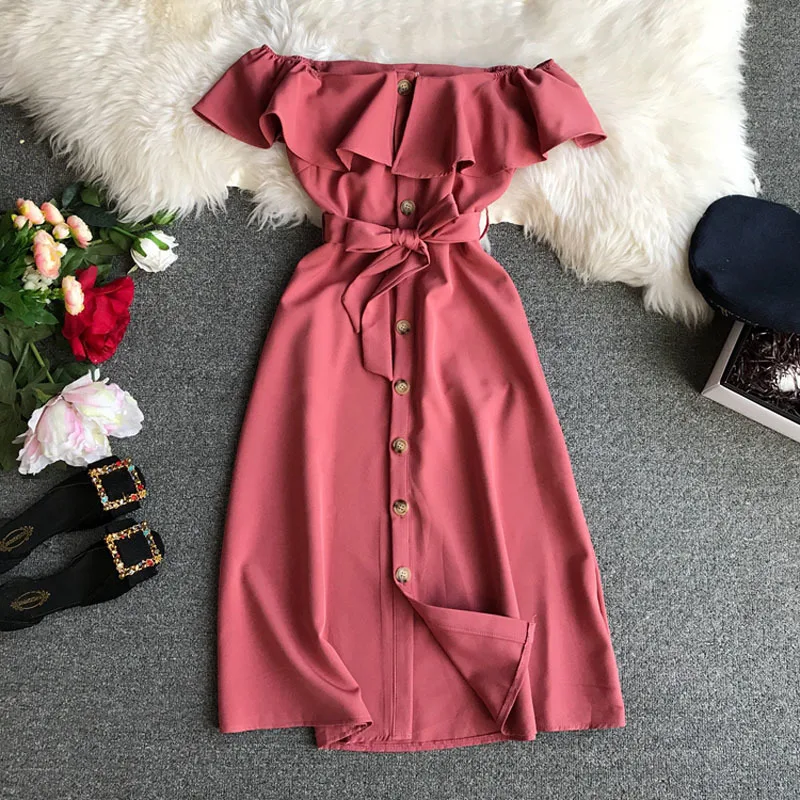 

2019 Summer Women's Elegant Solid Color Slash Neck Collar Off-shoulder Slim Ruffled Belt Long Party Dress Female Dresses Clothes