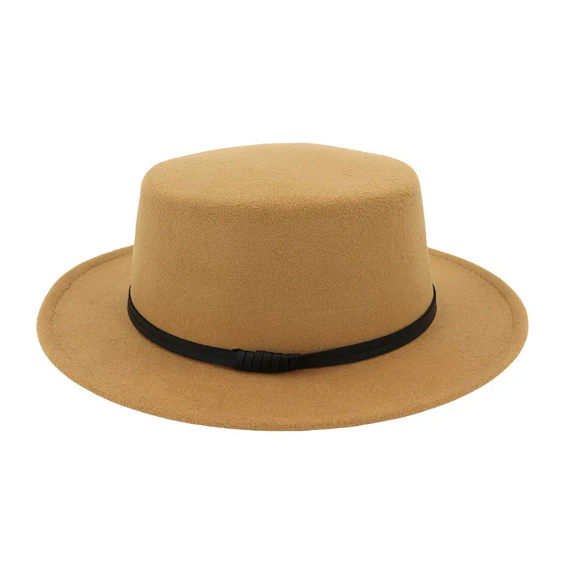 Fashion Unisex Wide Brim Wool Caps Belt Felt Flat Top Fedora Hat Party Church Trilby Hats Cap For Women And Men 30DE05 (6)