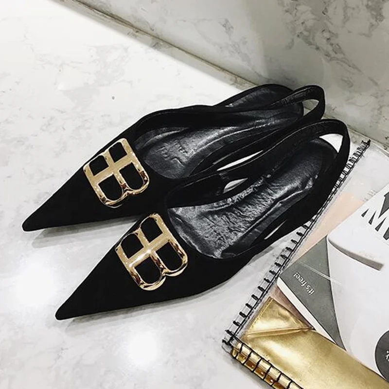 

Woman Flats Pointed Toe Woman Shoes Gold Metal Decor Suede Woman Party Runway Wedding Shoes Slingback Brand Chic Sapato Feminino