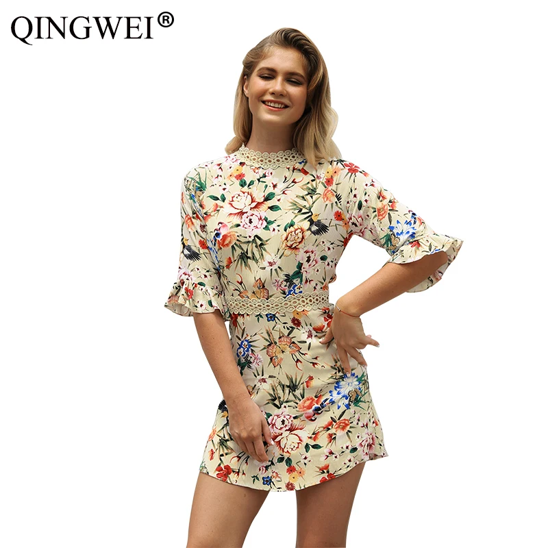 QINGWEI 2019 Summer Lace Round Neck Loose red Five-Sleeve Print Women Bohemian Dress Female Vestido Plus Size | Женская одежда