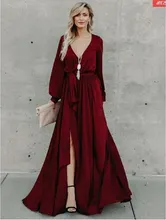 Deep V Neck Side Slit Long Wrap Dress Elegant Long Sleeve Women Summer Dresses 2019 Ladies A Line Casual Maxi Dress army green deep v neck long sleeves slit hem casual dress
