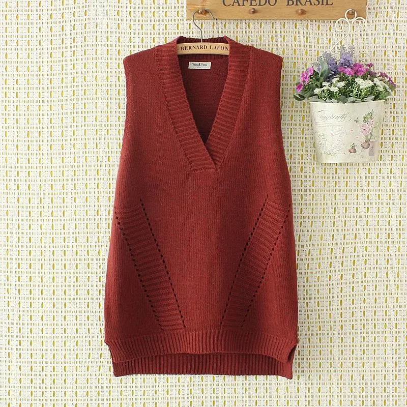 Pаспродажа Большие размеры, весенний большой свободный топ без рукавов, одноцветные свитера, новинка 2017, модный вязаный шерстяной женский топ с v образ...