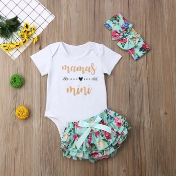 

2019 New Infant Baby Girl Clothes 3Pcs Set Bodysuit Top Shorts Headband Summer Outfits Clothing