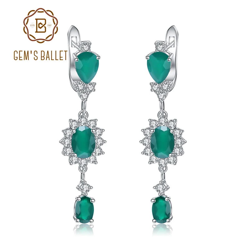 

GEM'S BALLET 925 Sterling Silver Engagement Earrings Natural Green Agate Gemstone Vintage Drop Earrings for Women Fine Jewelry