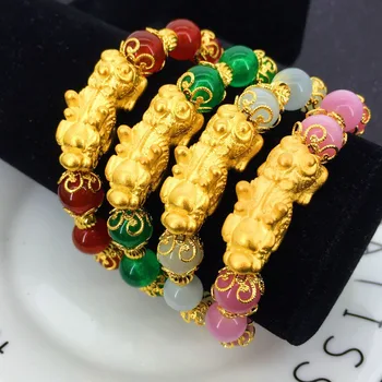 

Fashion Summer Design 24K Gold Bracelet Sand Gold Amulet Pixiu Natural Onyx Beads Women Bracelet Wholesale High Quality Jewelry