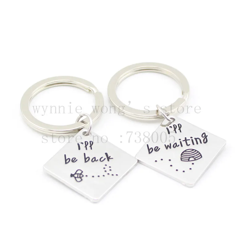 

2015 new style long distance relationship "I will be back I will be waiting "hand stamped keychains &necklace out of town worker