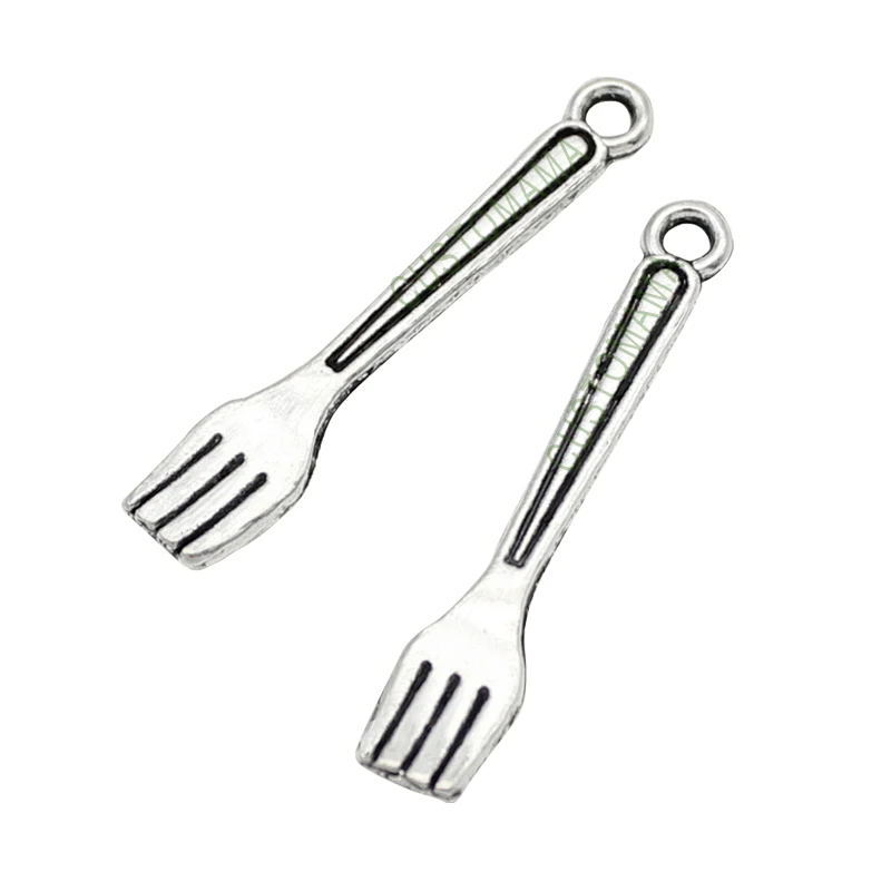 200pcs Antique Silver Tone 2 Sided Fork Charms Pendant 25x5mm Charms