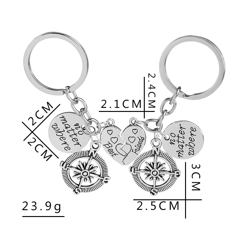 2 قطعة أفضل الأصدقاء لا يهم أين البوصلة مفتاح سلسلة مجموعة القلب أفضل صديق هدايا ل في سن المراهقة الفتيات BFF الصداقة حلقات المفاتيح