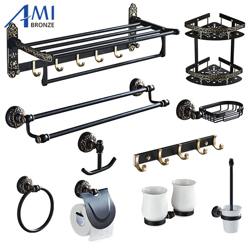 Black & Gold Esculpido Liga de Alumínio Suporte de Papel Toalha Rack de Hardware Banheiro Prateleira Do Banheiro Prato de Sabão Ganchos Toalha Anel BS16