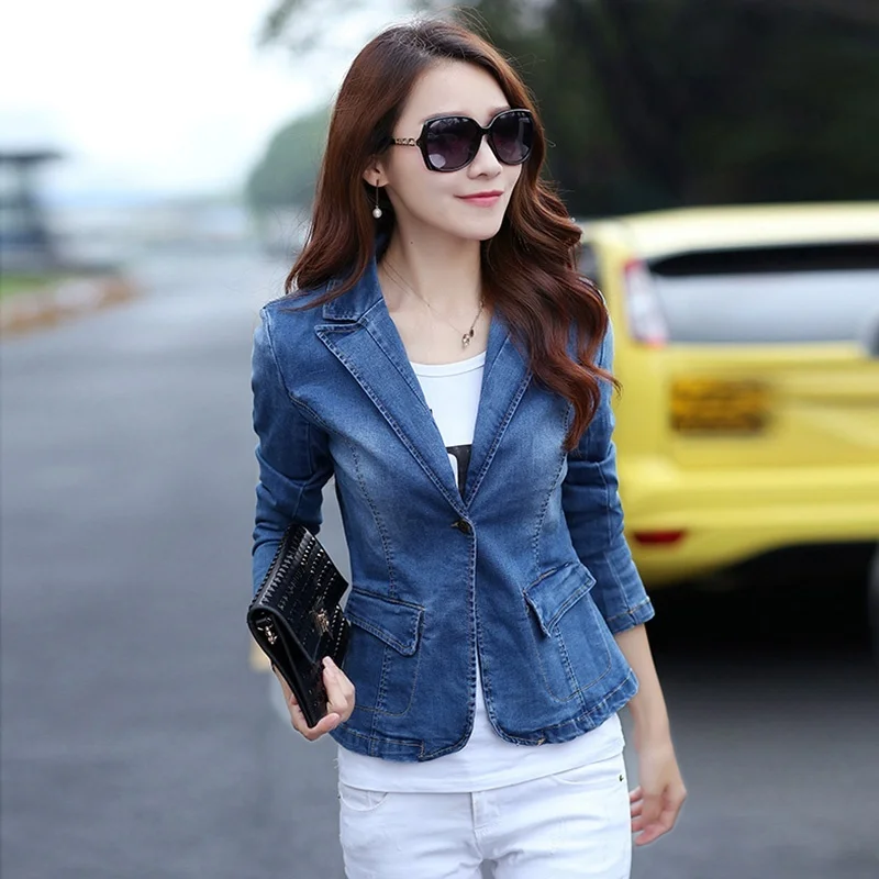 Fashion Spring Autumn Denim Jacket Women Slim Suit One Button Short section Coat cowboy jacket women Blazers