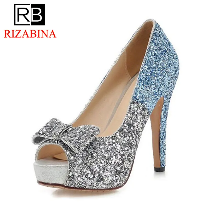 

RIZABINA Size 34-43 High Heels Shoes Women Bowknot Glitters Open Toe Pumps Women Platform Fashion Party Wedding Footwear