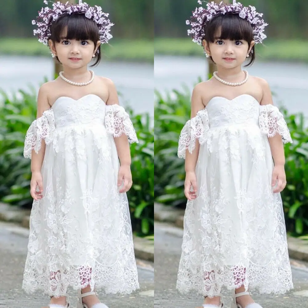

New Summer Princess Lace Girls Dresses Party Wedding Kids Dresses For Girls Toddler Kids Flower Fashion Off Shoulder Sundress