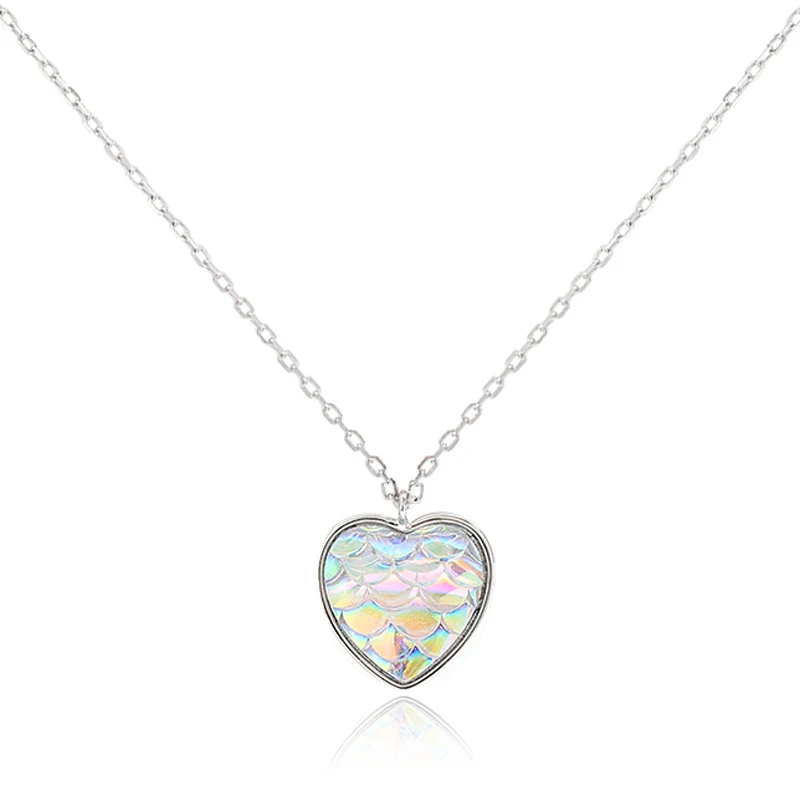 

Mermaid Scale Resin Charm Pendant Necklace For Women 925 Sterling Silver Heart Round Ladies Jewelry New Design Accessories Gift