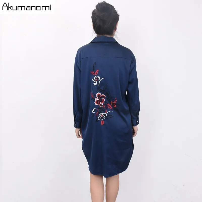 

Autumn White Blue Shirt Turn-down Collar Floral Embroidery Silk Blouse Women Clothes Spring Long Shirt Tops Plus Size 7XL-2XL