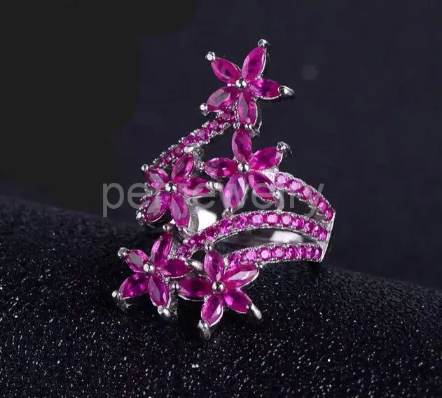 Рубиновое кольцо натуральной рубиновое кольцо стерлингового серебра 925 0.13ct* 25 шт., 0.05ct* 34 шт. камни стиле цветок кольца