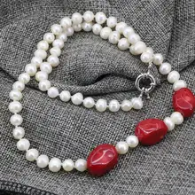 ФОТО 7-8mm white natural freshwater cultured pearl beaded necklace jewelry for women coral beads necklaces wedding gifts 18inch b3400