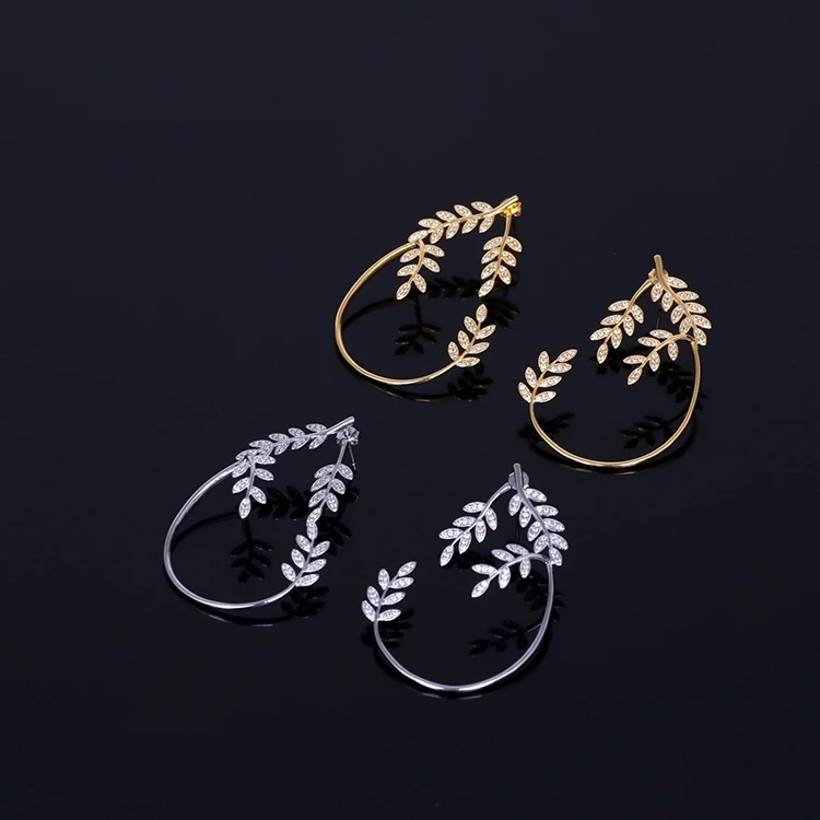 

New olive branch wheat spiked zircon earrings left and right dual-use earrings