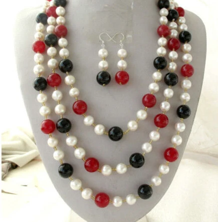 Free Shipping 00494 Natural White Round FW Pearl&ampRed &ampOnyx Necklace 925 A Earrings Set | Украшения и аксессуары