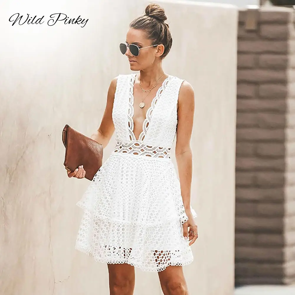 

WildPinky Womens Summer Dresses 2019 Summer White Lace Mini Party Dresses Sexy Club Casual Deep V-neck Beach Sundress Vestidos