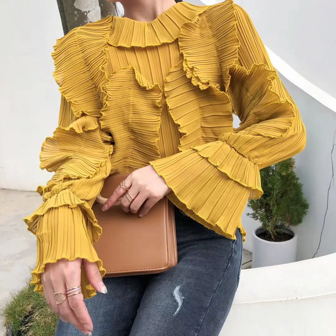 

2019 Spring Long Flare Sleeve Ruffled Neck Ruffles Chiffon Shirts Women Sweet Ruffls Pleated Blouses Lady Pink Pleated Tops