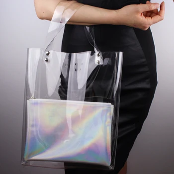

SUNNY BEACH Brand Hologram Transparent Plastic Handbag beach Shoulder bag Women Trend Tote Jelly Fashion PVC Clear Bag
