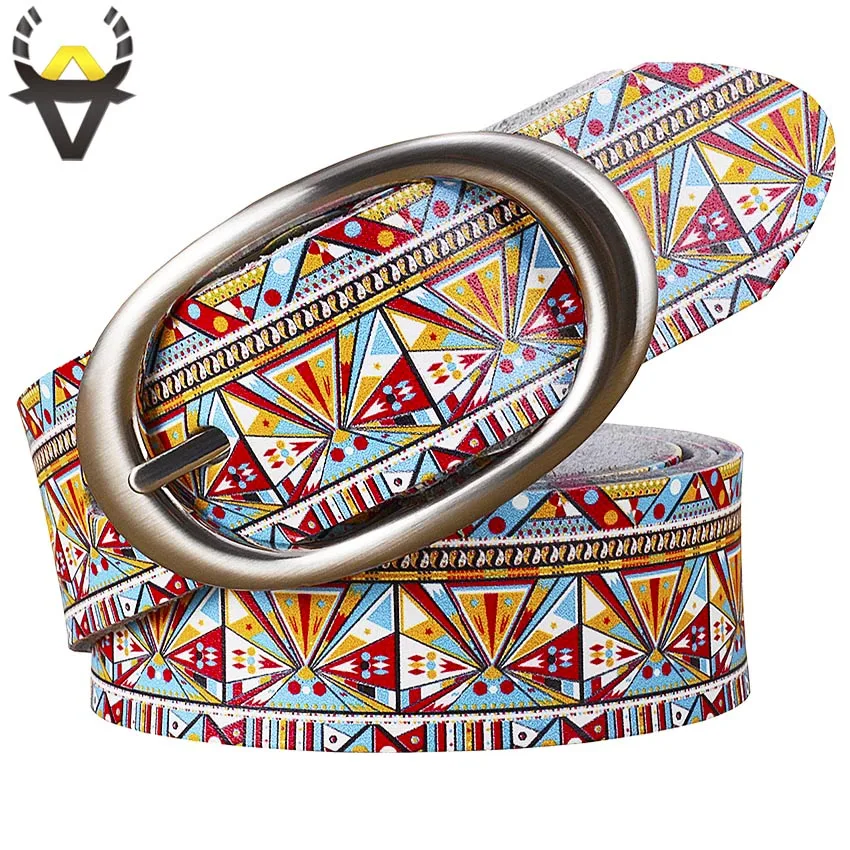 

Fashion Genuine leather Belts for women Printing Geometric belt woman Wide Pin buckle High quality female strap second cowskin