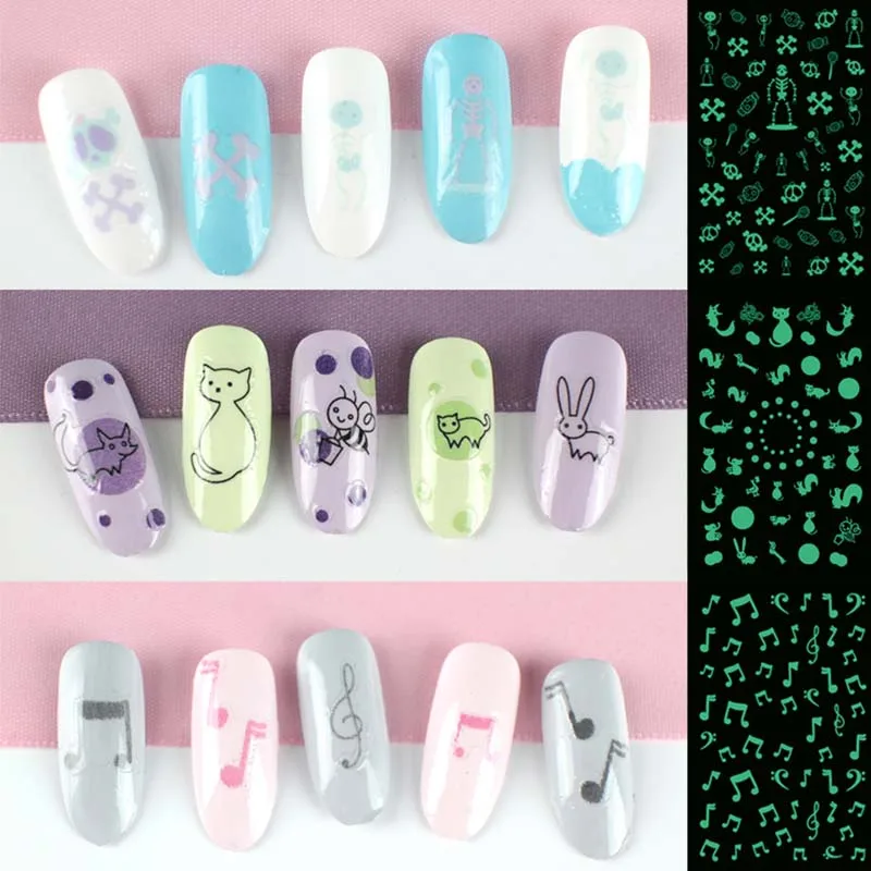 

Nail art luminous sticker 11 styles flower heart beard pattern light color self adhesive water transfer nail sticker RA029