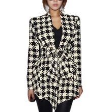 Buy Fashion Women Winter Jacket Coat Long Sleeve Houndstooth Print Autumn Casual Clothing Slim Belt Peplum Cardigan Outerwear Free Shipping