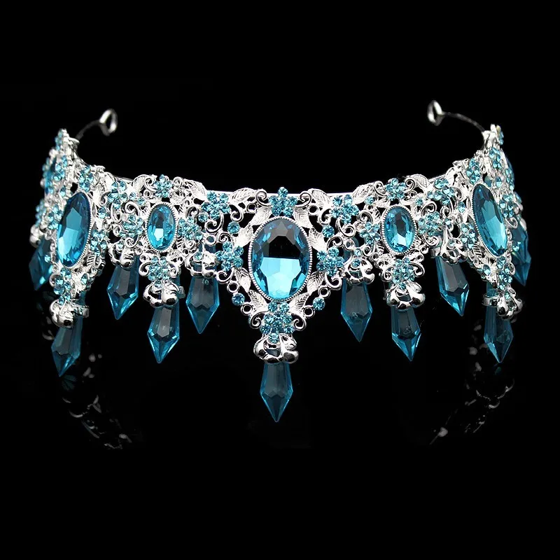 Fashion Beauty Sky Blue Crystal Wedding Crown And Tiara Large Rhinestone Queen Pageant Crowns Headb