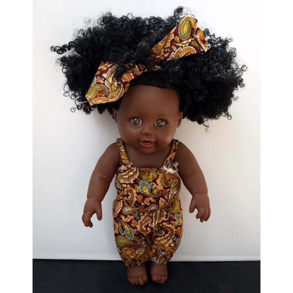 Huggable 12inch African American Baby Girl Doll Vinyl Newborn Doll Toddler with Overalls Clothes Children Sleeping Toy