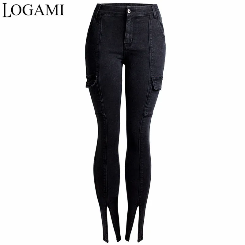 LOGAMI pantalones vaqueros ajustados de cintura alta para mujer, vaqueros bolsillos laterales elásticos, vaqueros| - AliExpress