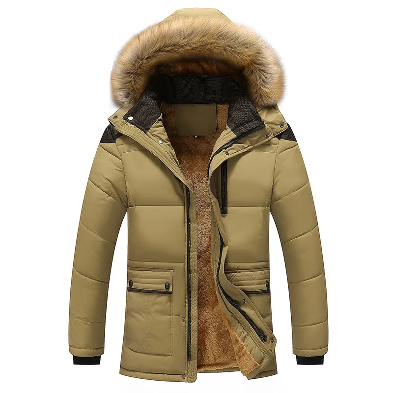

Loldeal Men's Casual Parkas with Fur Hooded for Solid Fleece Padded Winter Jacket Men Long Style Plus Size Overcoat Drop Ship