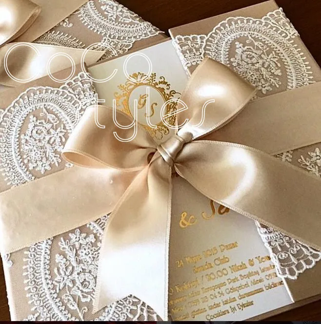  Cocostyles personalized luxury fashion lace hard cover gatefold invitation card with ribbon bows fo - 32864925305