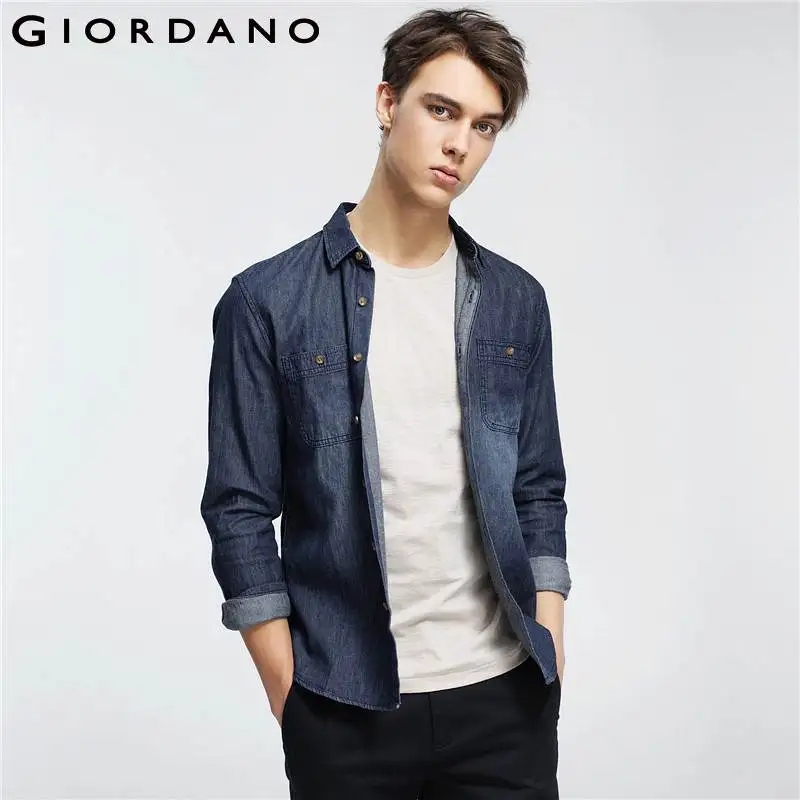 Download Giordano Men Shirt Cotton Pocket Denim Shirt Long Sleeves ...