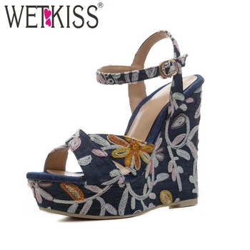 

WETKISS New Embroider High Heels Women Sandals 2019 Summer Denim Fashion Platform Ladies Shoes Wedges Open Toe Front Footwear