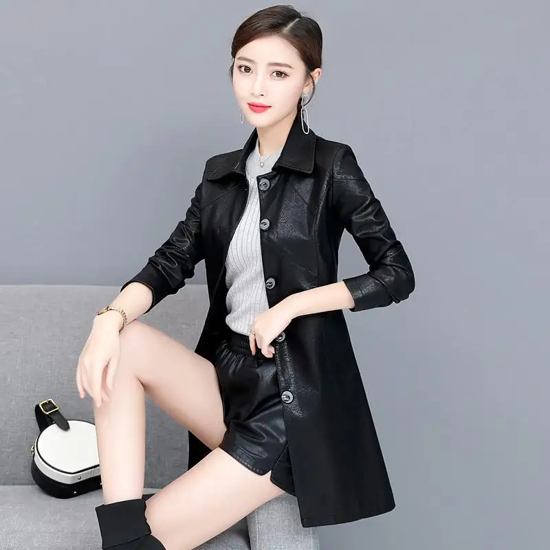 New Women Sheepskin Vintage Genuine Sheep Leather Jacket Lady Spring Turn-down Collar Single Breasted Long Plus Size Slim Coats