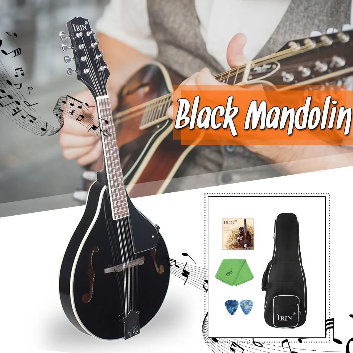 

F Style 8 Strings Mandolin With Rosewood Steel String Adjustable Bridge Music Instrument With Bag 2 Picks Rubbing Cloth Black