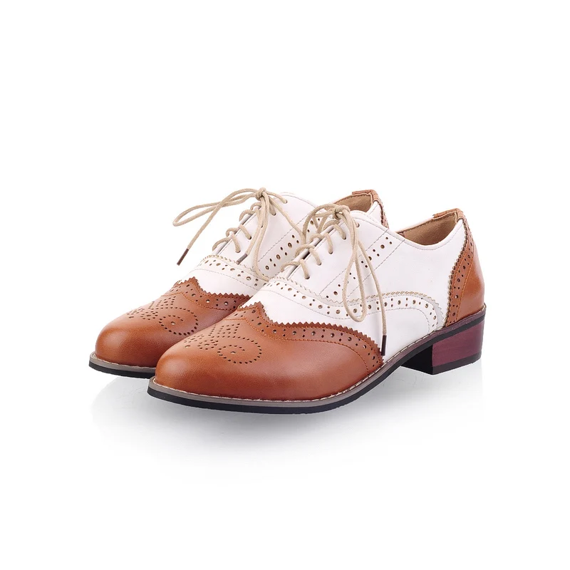 Vente Lucyever Loisirs bout rond à la main en cuir chaussures femme vintage patchwork sculpté oxford chaussures pour femmes plus la taille 34 43