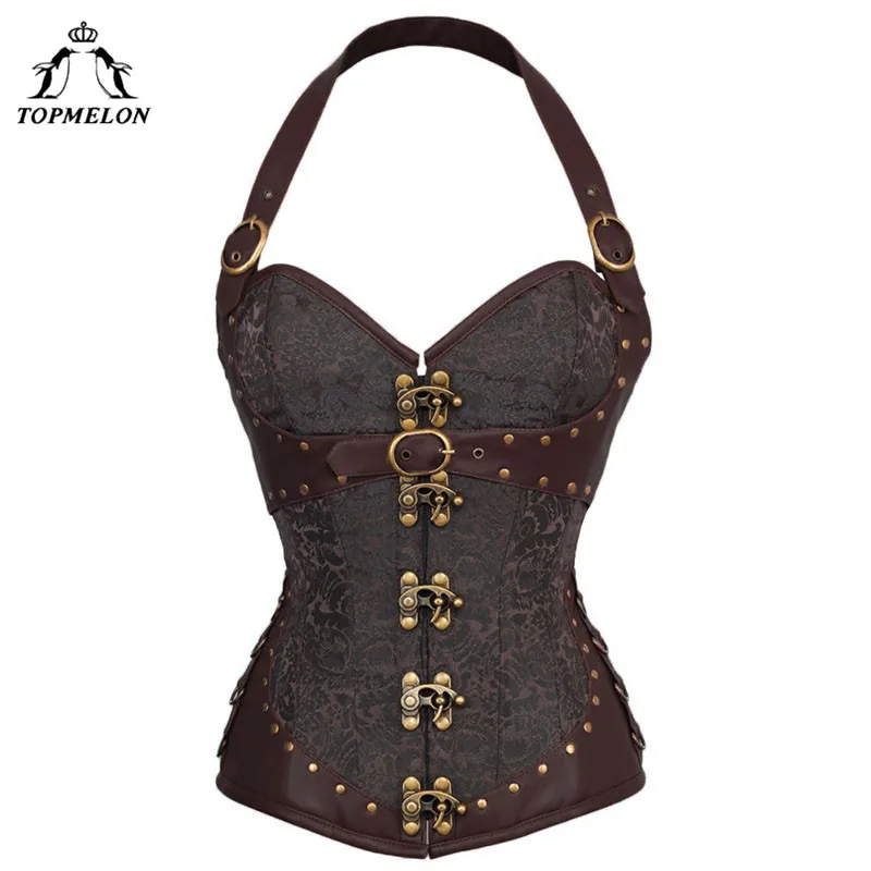 

TOPMELON Halter Corselet Steampunk Gothic Retro Vintage Corset Bustier Women Sexy Rivet Steel Boned Floral Shows Play Slim Tops
