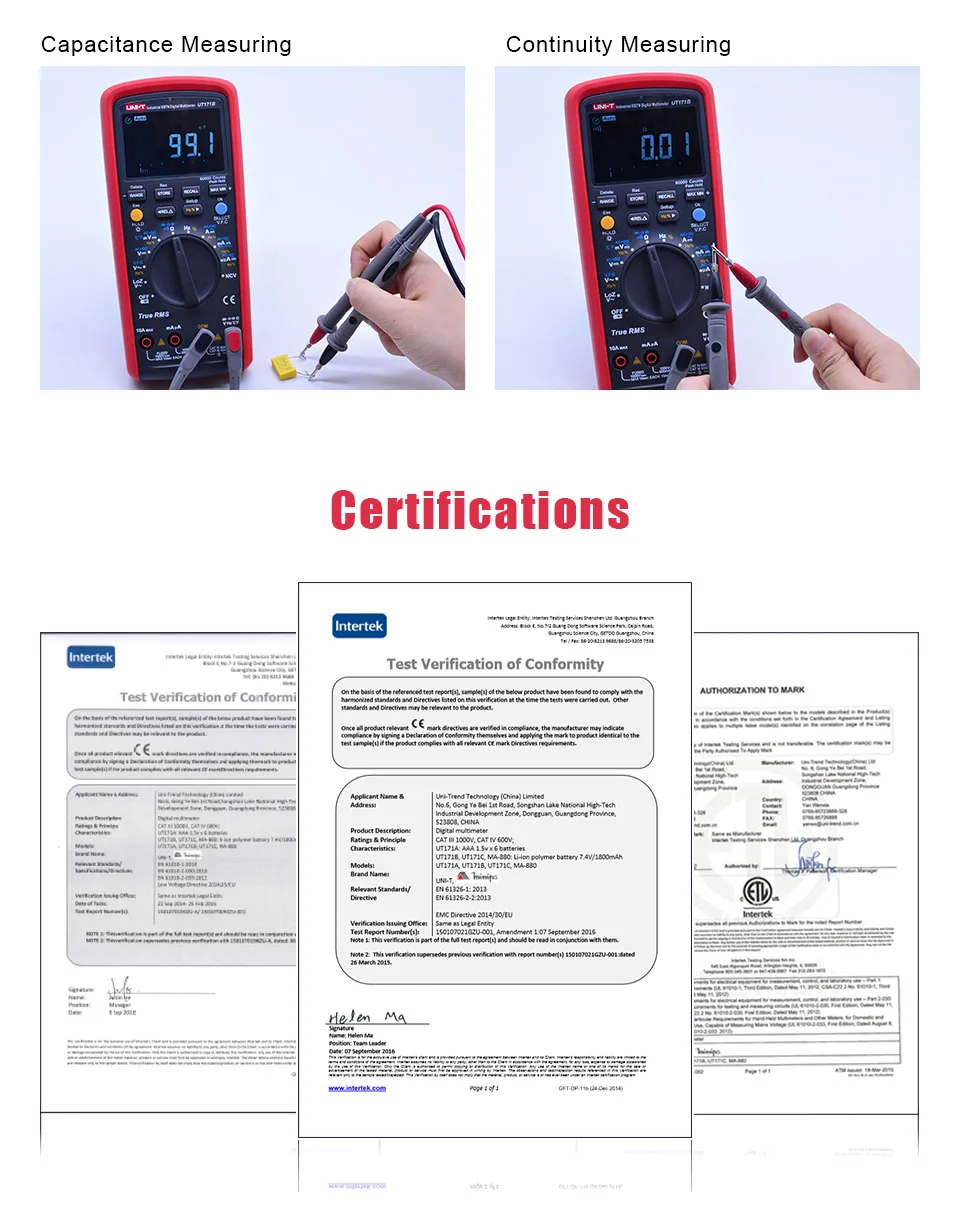 UNI-T UT171A/UT171B/UT171C промышленные истинные RMS Цифровые мультиметры; VFC измерение, USB/Bluetooth связь