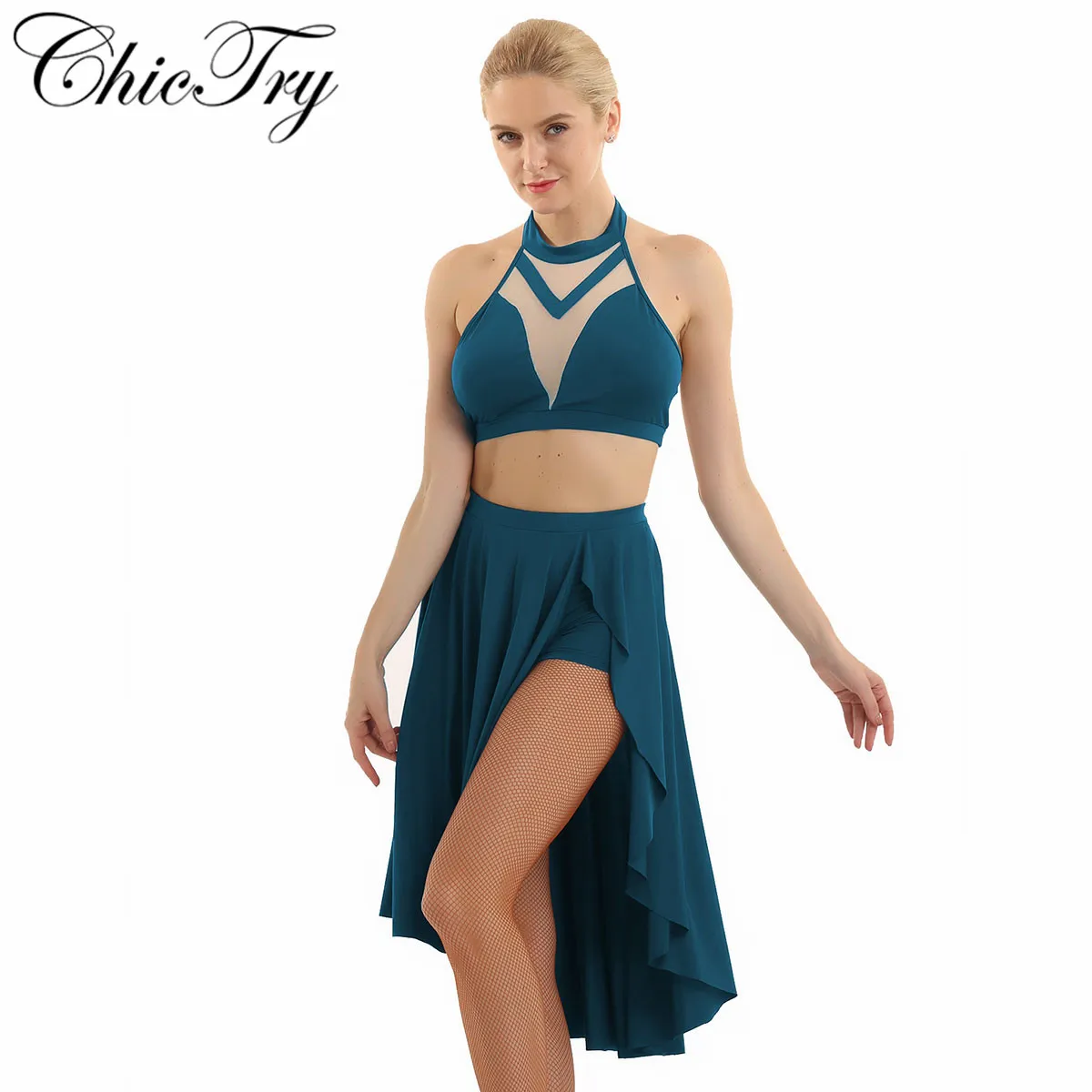 

Women Female Ballet Outfits Asymmetric Lyrical Dance Sets Halter Neck Sleeveless and Backless Crop Top with Mesh Tutu Skirt